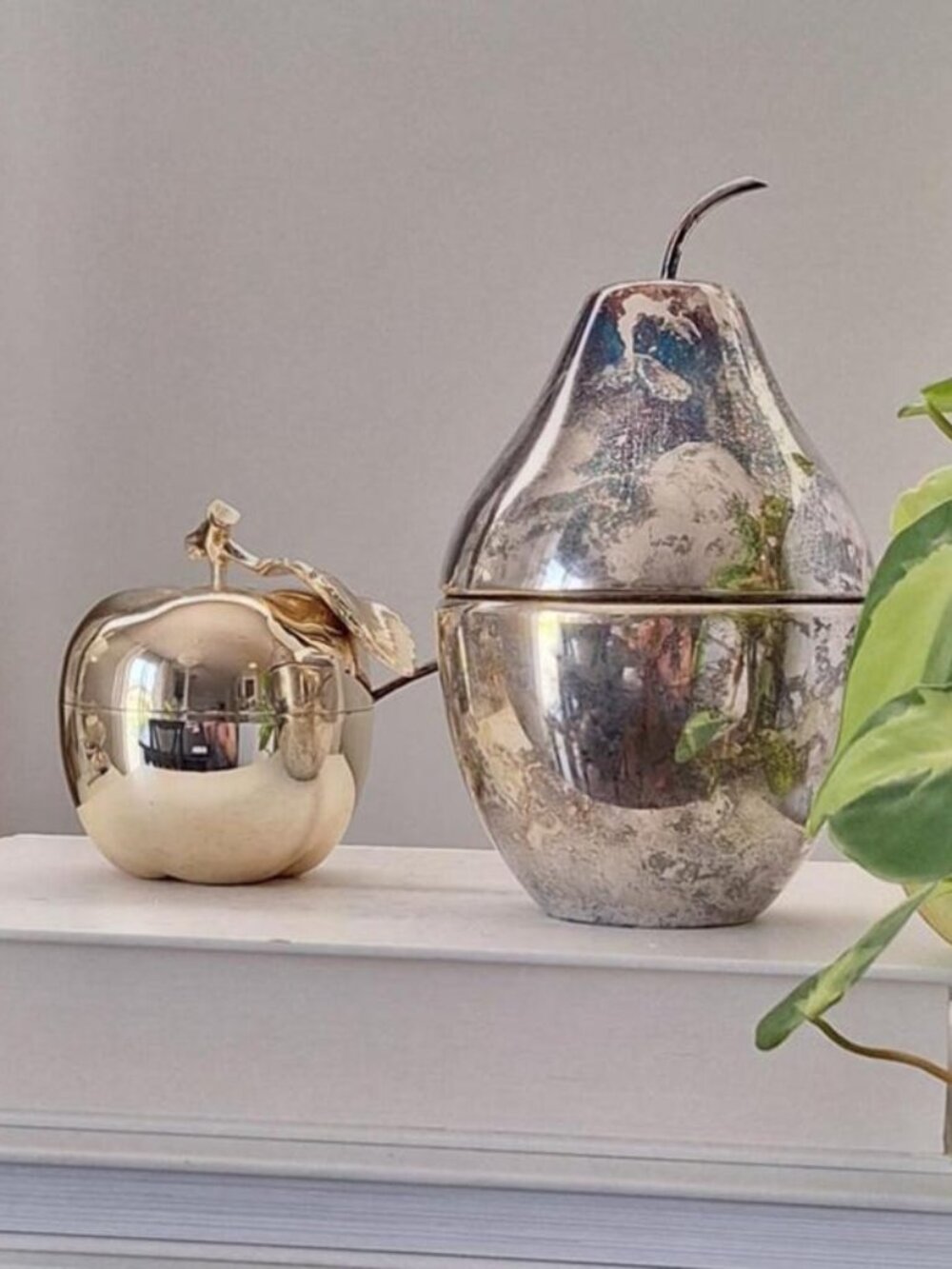 2 Vintage silver Pear & apple Silver Plated jar Jewelry Trinket Box EP Brass